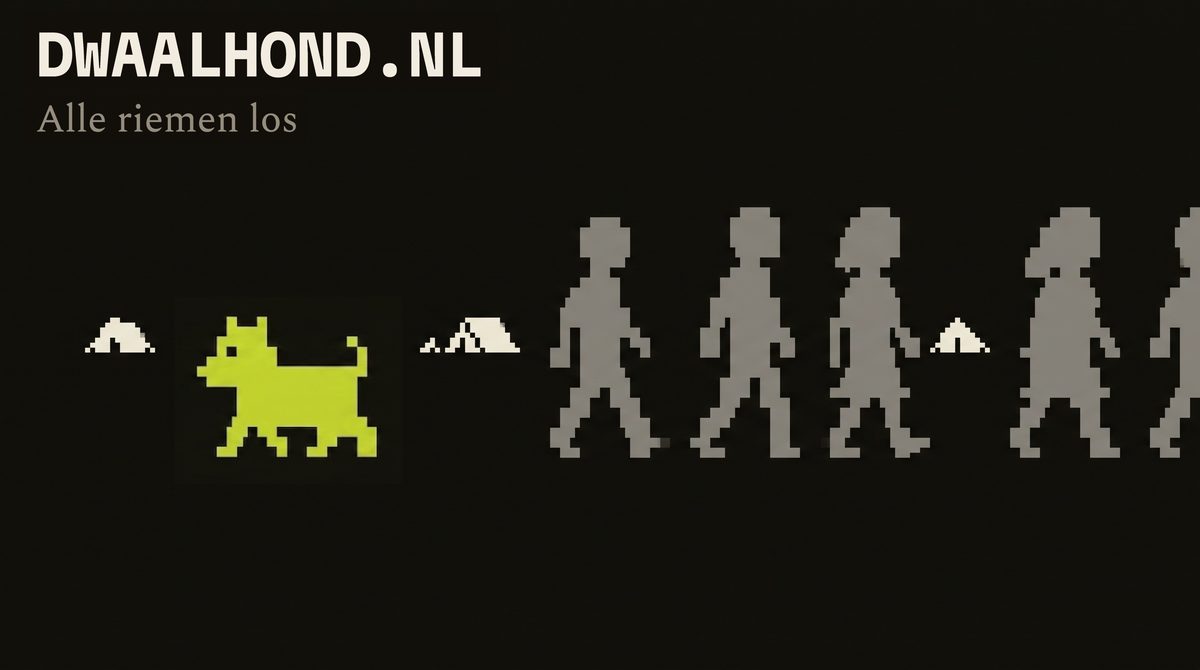 De pixelhond loopt tussen figuurtjes en tentjes door